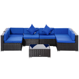 7 Piece Patio Furniture Set, PE Rattan Outdoor Conversation Set with Sectional Sofa, Glass Tabletop, Cushions and Pillows for Garden, Lawn, Deck, Dark Brown and Blue