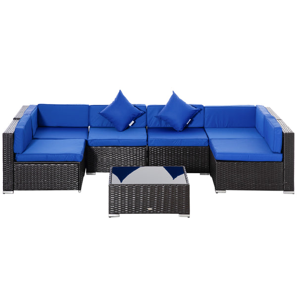 7 Piece Patio Furniture Set, PE Rattan Outdoor Conversation Set with Sectional Sofa, Glass Tabletop, Cushions and Pillows for Garden, Lawn, Deck, Dark Brown and Blue