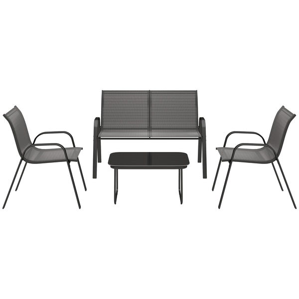 4 Pieces Patio Furniture Set with 2 Stackable Chairs and Loveseat, Outdoor Conversation Set with Glass Coffee Table, Mesh Fabric, Steel Frame for Backyard, Garden, Black