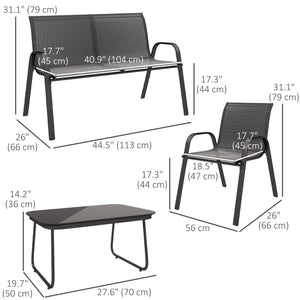 4 Pieces Patio Furniture Set with 2 Stackable Chairs and Loveseat, Outdoor Conversation Set with Glass Coffee Table, Mesh Fabric, Steel Frame for Backyard, Garden, Black