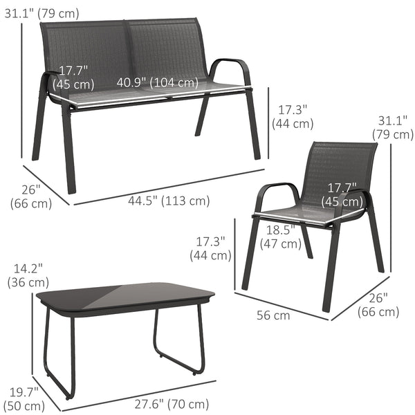 4 Pieces Patio Furniture Set with 2 Stackable Chairs and Loveseat, Outdoor Conversation Set with Glass Coffee Table, Mesh Fabric, Steel Frame for Backyard, Garden, Black