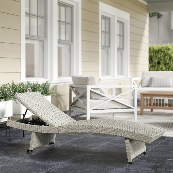 Outdoor PE Rattan Sun Lounger, Folding Wicker Garden Lounger Recliner with 4-Level Adjustable Backrest, Rolling Sunbed Lounge Chair with Wheels, Non-Slip Legs for Balcony, Beach, Grey