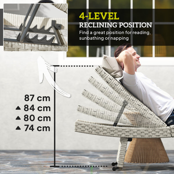 Outdoor PE Rattan Sun Lounger, Folding Wicker Garden Lounger Recliner with 4-Level Adjustable Backrest, Rolling Sunbed Lounge Chair with Wheels, Non-Slip Legs for Balcony, Beach, Grey