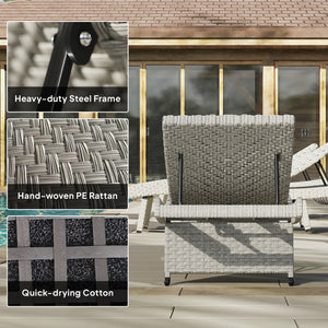 Outdoor PE Rattan Sun Lounger, Folding Wicker Garden Lounger Recliner with 4-Level Adjustable Backrest, Rolling Sunbed Lounge Chair with Wheels, Non-Slip Legs for Balcony, Beach, Grey