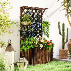 Wooden Planter with Trellis, Freestanding Raised Garden Bed with Drainage Holes, Outdoor Planter Box with Liner for Vegetables, Herbs and Flowers, Carbonised