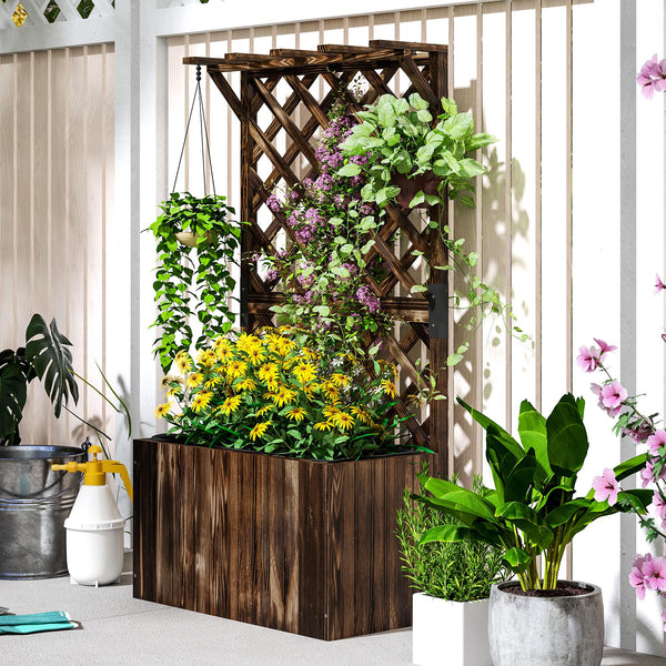 Wooden Planter with Trellis, Freestanding Raised Garden Bed with Drainage Holes, Outdoor Planter Box with Liner for Vegetables, Herbs and Flowers, Carbonised