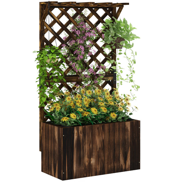 Wooden Planter with Trellis, Freestanding Raised Garden Bed with Drainage Holes, Outdoor Planter Box with Liner for Vegetables, Herbs and Flowers, Carbonised