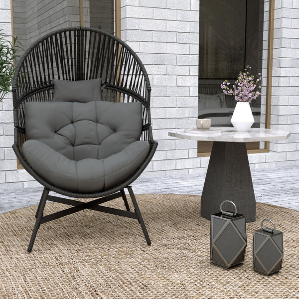 Standing Rattan Egg Chair Outdoor, Oversized Wicker Garden Egg Chair with Thick Tufted Cushion, Headrest, Steel Frame, Charcoal Grey