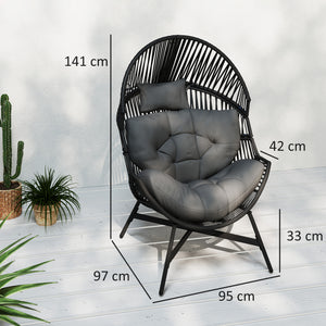 Standing Rattan Egg Chair Outdoor, Oversized Wicker Garden Egg Chair with Thick Tufted Cushion, Headrest, Steel Frame, Charcoal Grey