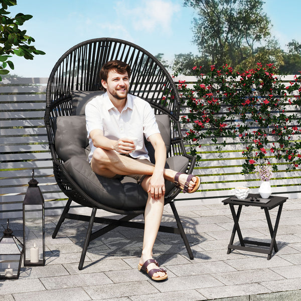 Standing Rattan Egg Chair Outdoor, Oversized Wicker Garden Egg Chair with Thick Tufted Cushion, Headrest, Steel Frame, Charcoal Grey