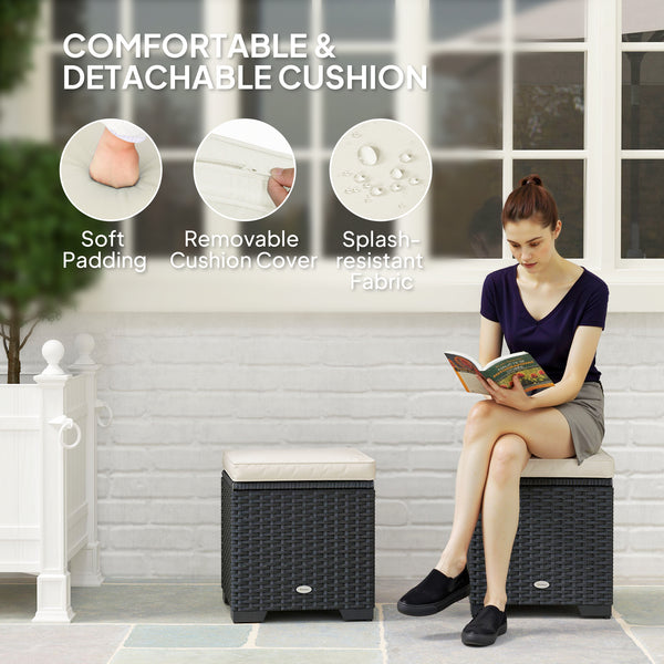 Set of 2 Rattan Storage Ottoman, Outdoor Footstool with Removable Cushions, Garden Storage Seat for Balcony, Poolside, Living Room, Cream