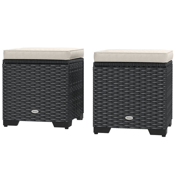 Set of 2 Rattan Storage Ottoman, Outdoor Footstool with Removable Cushions, Garden Storage Seat for Balcony, Poolside, Living Room, Cream