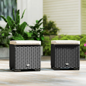Set of 2 Rattan Storage Ottoman, Outdoor Footstool with Removable Cushions, Garden Storage Seat for Balcony, Poolside, Living Room, Cream
