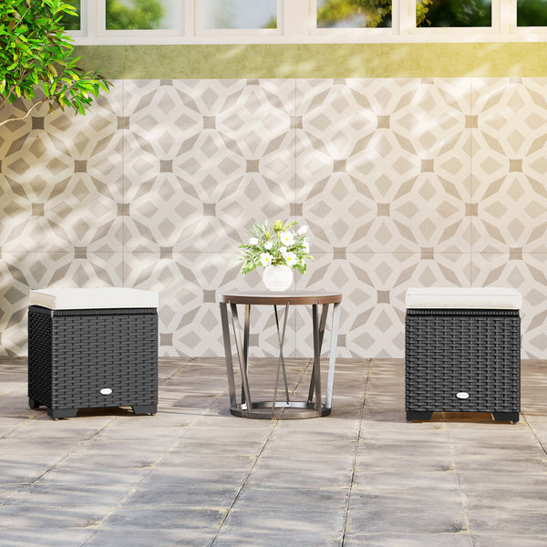 Set of 2 Rattan Storage Ottoman, Outdoor Footstool with Removable Cushions, Garden Storage Seat for Balcony, Poolside, Living Room, Cream