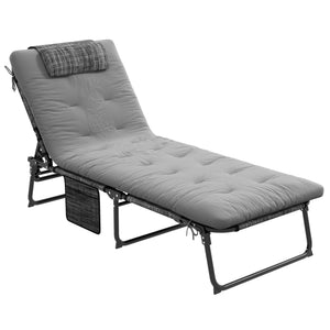 Folding Lounge Chair with 4-level Reclining Back, Outdoor Tanning Chair with Cushion, Sun Lounger with Breathable Mesh Fabric, Side Pocket, Headrest, Grey