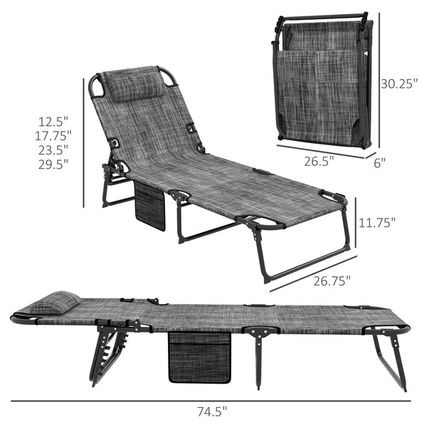 Outsunny Folding Chaise Lounge with 4-level Reclining Back, Outdoor Tanning Chair with Cushion, Outdoor Lounge Chair with Breathable Mesh Fabric, Side Pocket, Headrest, Gray