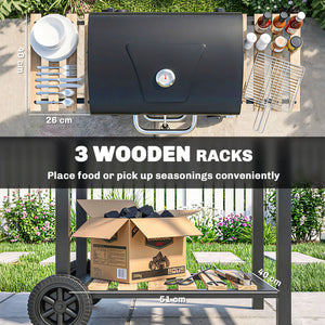 Charcoal BBQ Grill with Height Adjustable Charcoal Pan, Barbecue Smoker with Warming Rack, 3 Shelves, Temperature Gauge, Wheels, Bottle Opener for Outdoor Cooking Garden Party
