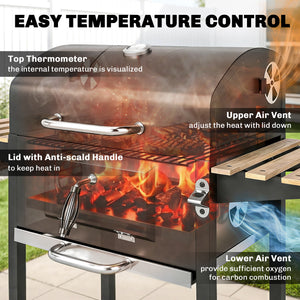 Charcoal BBQ Grill with Height Adjustable Charcoal Pan, Barbecue Smoker with Warming Rack, 3 Shelves, Temperature Gauge, Wheels, Bottle Opener for Outdoor Cooking Garden Party