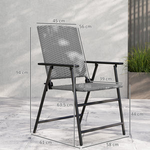 Folding Garden Chairs Set of 2, PE Rattan Garden Dining Chairs with Armrests, High Back and Steel Frame, Weather Resistant Outdoor Dining Furniture for Patio, Balcony, Grey