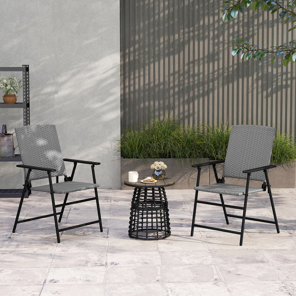 Folding Garden Chairs Set of 2, PE Rattan Garden Dining Chairs with Armrests, High Back and Steel Frame, Weather Resistant Outdoor Dining Furniture for Patio, Balcony, Grey