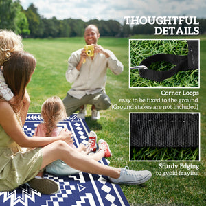 Outsunny Reversible Outdoor Rug, 9' x 18' Waterproof Plastic Straw Floor Mat, Portable RV Camping Carpet, Large Floor Mat for Backyard, Deck, Picnic, Beach, Blue & White Square Patchwork