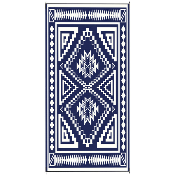 Outsunny Reversible Outdoor Rug, 9' x 18' Waterproof Plastic Straw Floor Mat, Portable RV Camping Carpet, Large Floor Mat for Backyard, Deck, Picnic, Beach, Blue & White Square Patchwork
