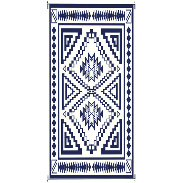 Outsunny Reversible Outdoor Rug, 9' x 18' Waterproof Plastic Straw Floor Mat, Portable RV Camping Carpet, Large Floor Mat for Backyard, Deck, Picnic, Beach, Blue & White Square Patchwork