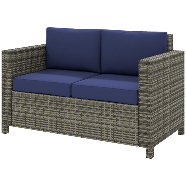 2 Seat Patio Loveseat Deluxe Wicker Sofa Chair Outdoor Rattan Furniture Couch All Weather with Cushion for Balcony, Deck, Garden and Poolside, Dark Blue