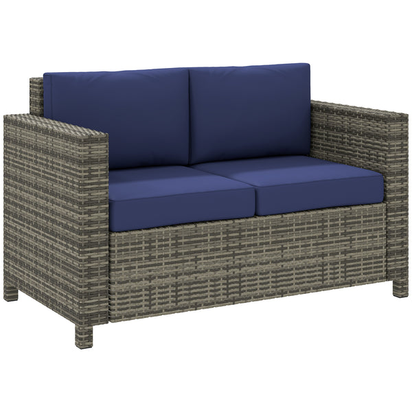 2 Seat Patio Loveseat Deluxe Wicker Sofa Chair Outdoor Rattan Furniture Couch All Weather with Cushion for Balcony, Deck, Garden and Poolside, Dark Blue