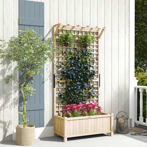 Wood Planter with Trellis for Climbing Plants, Raised Bed, Planter Box with Drainage Holes to Grow Vegetables, Herbs and Flowers for Garden, Patio, Yard, Natural Wood Finish