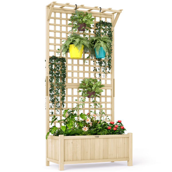 Wood Planter with Trellis for Climbing Plants, Raised Bed, Planter Box with Drainage Holes to Grow Vegetables, Herbs and Flowers for Garden, Patio, Yard, Natural Wood Finish