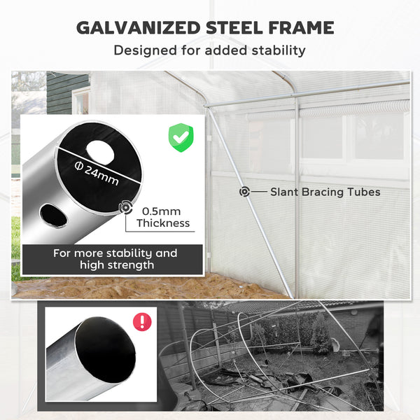 Outsunny 13' x 10' x 6.5' Hoop House Greenhouse with Large Windows and Zippered Door, Large Walk-In Tunnel Green House with Upgraded Galvanized Steel Frame, PE Cover, Gardening Plant Hot House, White