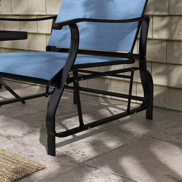 3PCs Glider Rocking Chairs with Table, Outdoor Gliders with Steel Frame, Mesh Seat, Tempered Glass Table Top for Patio, Garden, Backyard, Deck, Porch, Light Blue