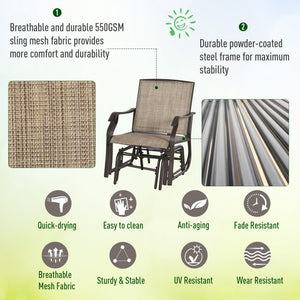 3 Piece Outdoor Glider Chair with Coffee Table Bistro Set, 2 Patio Rocking Swing Chairs with Breathable Sling Fabric, Glass Tabletop, for Backyard, Garden and Porch, Mixed Brown