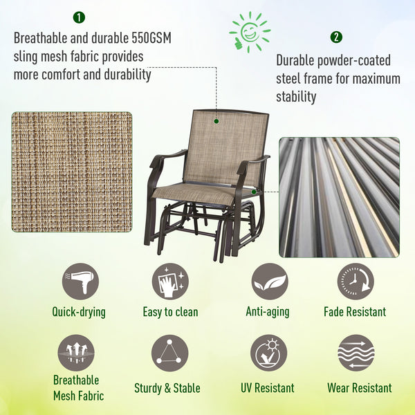 3 Piece Outdoor Glider Chair with Coffee Table Bistro Set, 2 Patio Rocking Swing Chairs with Breathable Sling Fabric, Glass Tabletop, for Backyard, Garden and Porch, Mixed Brown