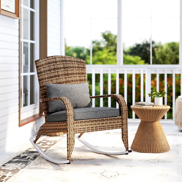 Outdoor Wicker Adirondack Rocking Chair, Patio Rattan Rocker Chair with High Back, Seat Cushion and Pillow for Garden, Porch, Balcony, Grey/Mixed Yellow