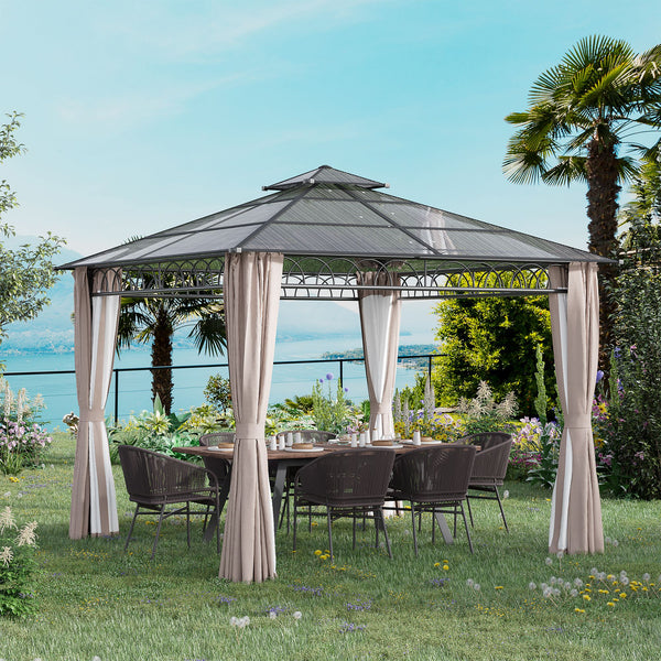3 x 3 (m) Outdoor Polycarbonate Gazebo, Double Roof Hard Top Gazebo with Galvanised Steel Frame, Nettings & Curtains for Garden, Lawn, Patio and Deck, Khaki