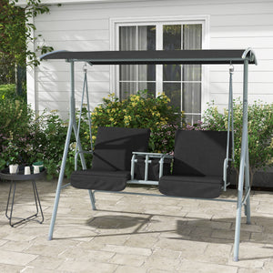 2 Person Porch Swing with Stand, Outdoor Swing with Canopy, Pivot Storage Table, 2 Cup Holders, Cushions for Patio, Backyard, Black