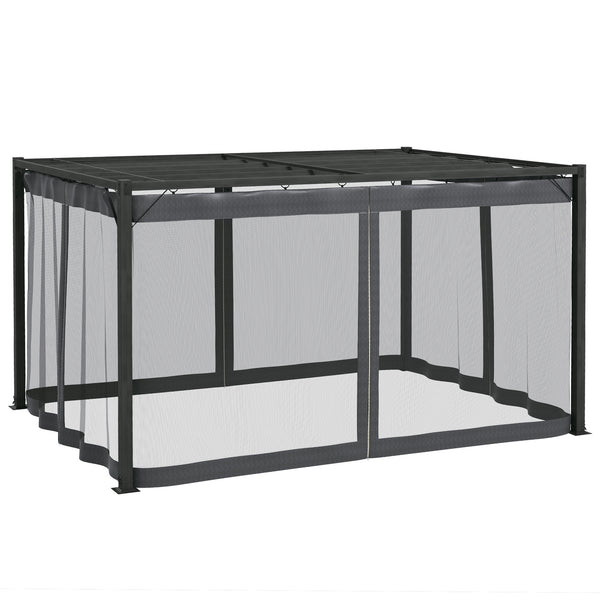 3 x 4 m Pergola with Retractable Roof Canopy and Netting Sidewalls, Aluminium Frame Garden Gazebo Outdoor Sun Shade Shelter for Grill, Patio, Deck, Dark Grey