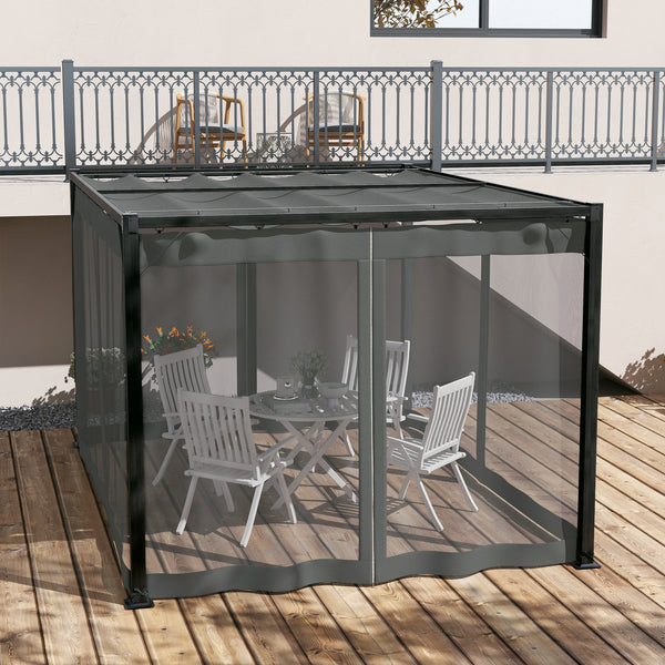 3 x 4 m Pergola with Retractable Roof Canopy and Netting Sidewalls, Aluminium Frame Garden Gazebo Outdoor Sun Shade Shelter for Grill, Patio, Deck, Dark Grey