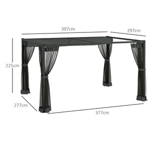 3 x 4 m Pergola with Retractable Roof Canopy and Netting Sidewalls, Aluminium Frame Garden Gazebo Outdoor Sun Shade Shelter for Grill, Patio, Deck, Dark Grey