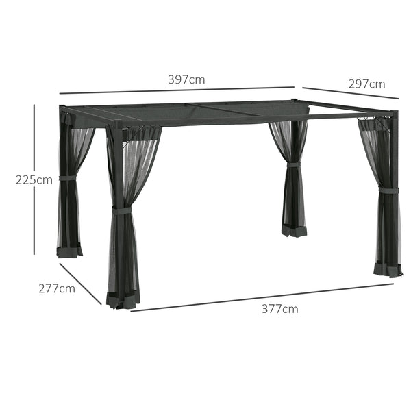 3 x 4 m Pergola with Retractable Roof Canopy and Netting Sidewalls, Aluminium Frame Garden Gazebo Outdoor Sun Shade Shelter for Grill, Patio, Deck, Dark Grey