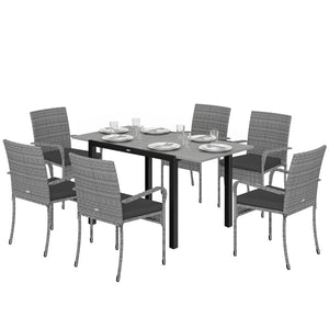 7 Piece Rattan Garden Furniture Set, 6 Seater Garden Table and 6 Stackable Chairs with Extendable Acacia Wood Tabletop, All-Weather Outdoor Furniture with Cushions for Patio, Light Grey