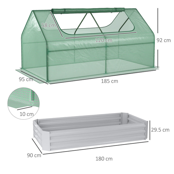 Raised Garden Bed with Greenhouse, Steel Planter Box with Plastic Cover, Roll Up Window, Dual Use for Flowers, Vegetables, Fruits and Herbs, 185L x 95W x 92H cm, Green