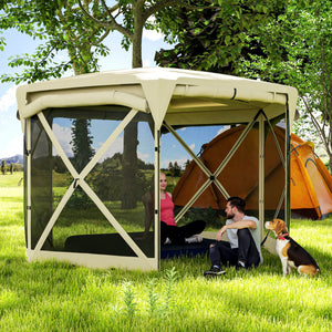 Pop Up Gazebo Screen Tent House, 11 x 11ft with UPF30+ Removable Roof Cover, 4 Roll-up Wind Panels and Carry Bag for Camping, Patio, Backyard, Lawn, Beige