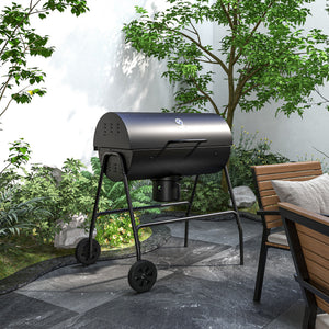 Charcoal Barbecue Grill, Portable Barrel BBQ Trolley Smoker with Wheels, Ash Catcher and Thermometer for Outdoor Garden Party Cooking, Black