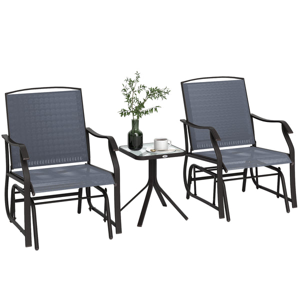 3 Piece Outdoor Glider Chair with Coffee Table Bistro Set, 2 Patio Rocking Swing Chairs with Breathable Sling Fabric, Glass Tabletop, for Backyard, Garden and Porch, Gray