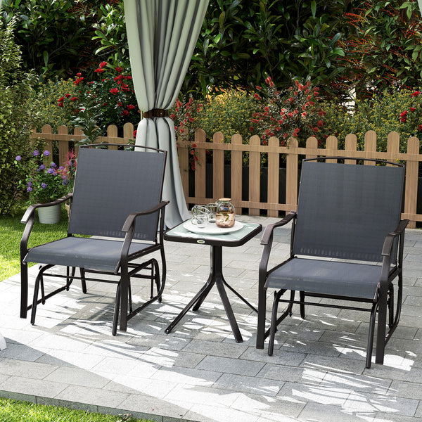 3 Piece Outdoor Glider Chair with Coffee Table Bistro Set, 2 Patio Rocking Swing Chairs with Breathable Sling Fabric, Glass Tabletop, for Backyard, Garden and Porch, Gray