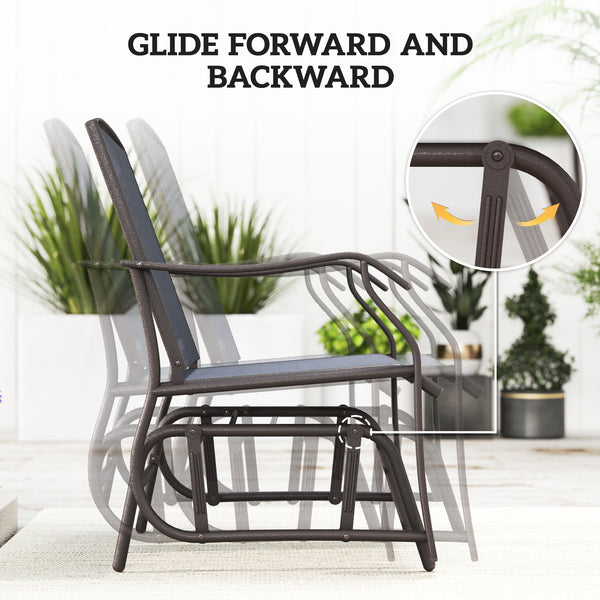 3 Piece Outdoor Glider Chair with Coffee Table Bistro Set, 2 Patio Rocking Swing Chairs with Breathable Sling Fabric, Glass Tabletop, for Backyard, Garden and Porch, Gray