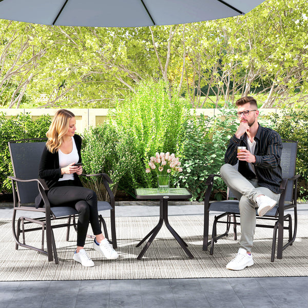 3 Piece Outdoor Glider Chair with Coffee Table Bistro Set, 2 Patio Rocking Swing Chairs with Breathable Sling Fabric, Glass Tabletop, for Backyard, Garden and Porch, Gray